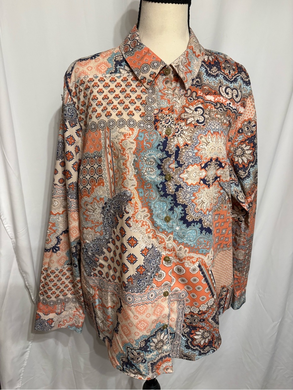 Chico's Peach Boho Paisley Patchwork Button-Up  Blouse 100% Cotton No Iron SZ
